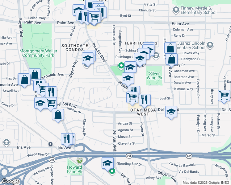 map of restaurants, bars, coffee shops, grocery stores, and more near 3555 Forest Glen Road in San Diego