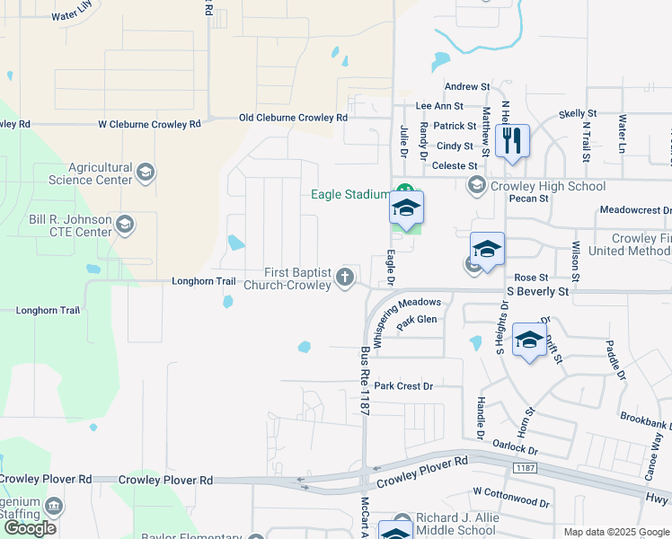 map of restaurants, bars, coffee shops, grocery stores, and more near 308 West Briar Circle in Crowley