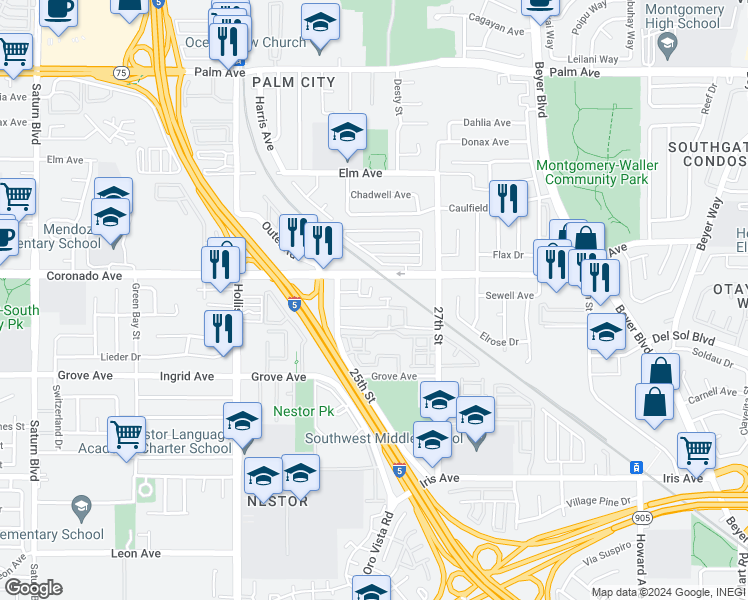 map of restaurants, bars, coffee shops, grocery stores, and more near 1151 25th Street in San Diego