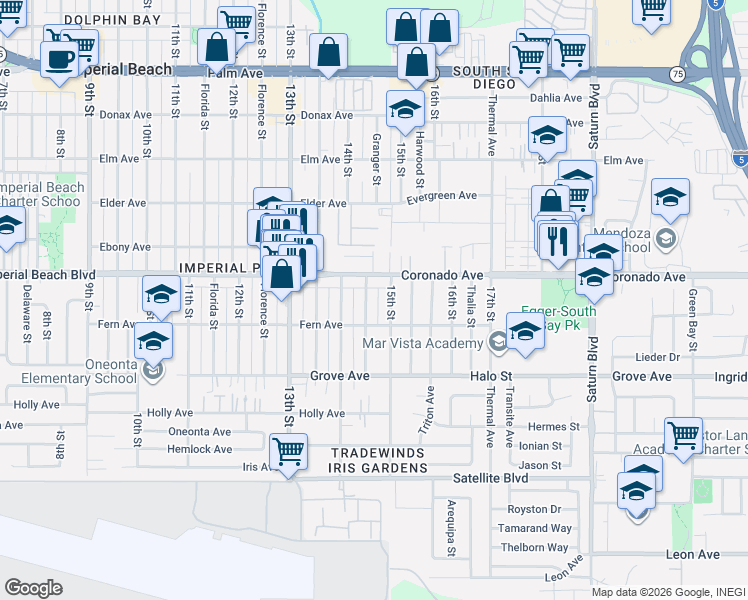 map of restaurants, bars, coffee shops, grocery stores, and more near 1149 Granger Street in Imperial Beach