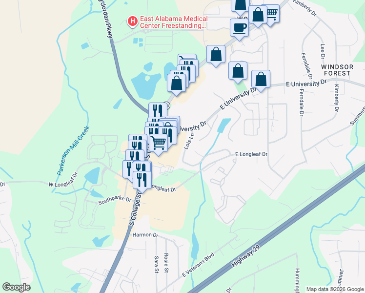 map of restaurants, bars, coffee shops, grocery stores, and more near 1617 South College Street in Auburn
