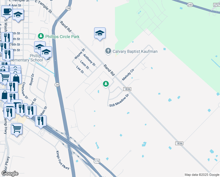 map of restaurants, bars, coffee shops, grocery stores, and more near 1505 Ridgebriar Drive in Kaufman