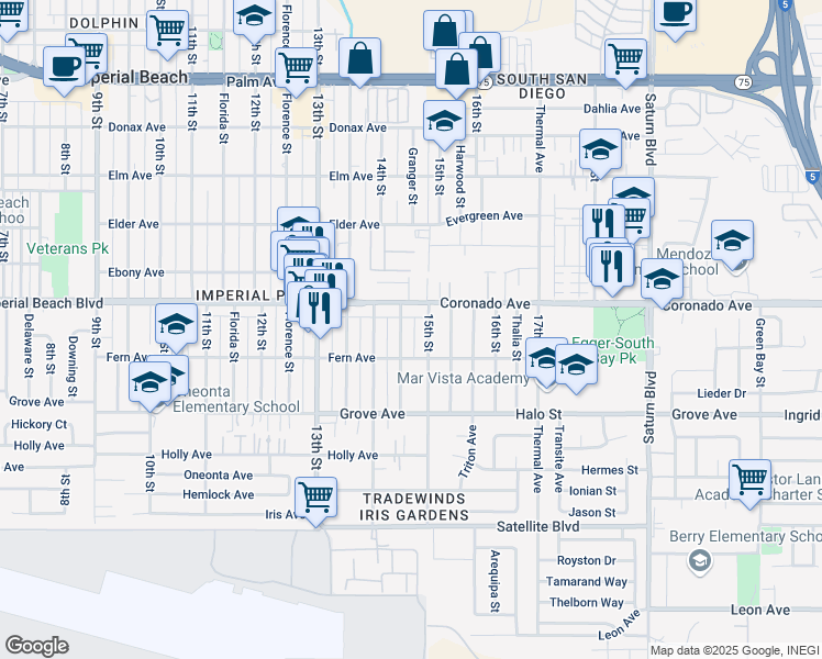 map of restaurants, bars, coffee shops, grocery stores, and more near 1149 Granger Street in Imperial Beach