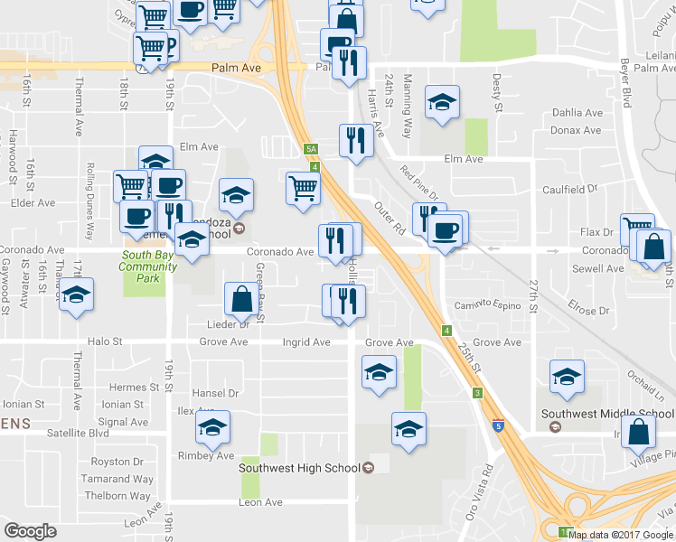 map of restaurants, bars, coffee shops, grocery stores, and more near 1165 Hollister Street in San Diego