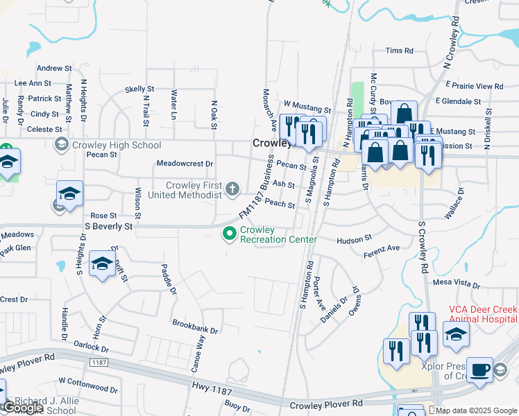 map of restaurants, bars, coffee shops, grocery stores, and more near 401 South Beverly Street in Crowley