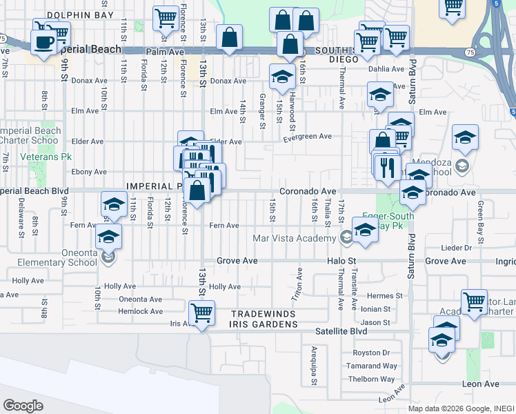 map of restaurants, bars, coffee shops, grocery stores, and more near 1149 Granger Street in Imperial Beach