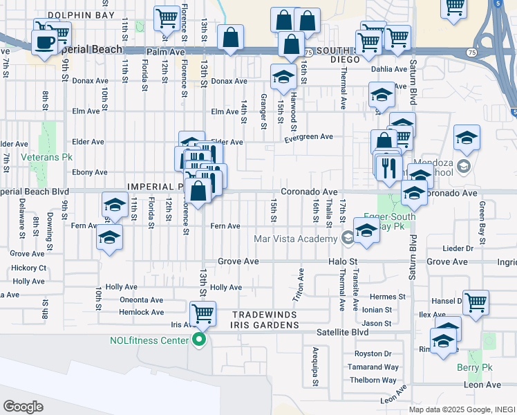 map of restaurants, bars, coffee shops, grocery stores, and more near 1149 Granger Street in Imperial Beach