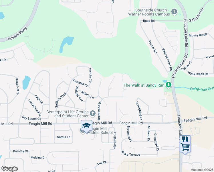 map of restaurants, bars, coffee shops, grocery stores, and more near 107 Timberlane Avenue in Warner Robins