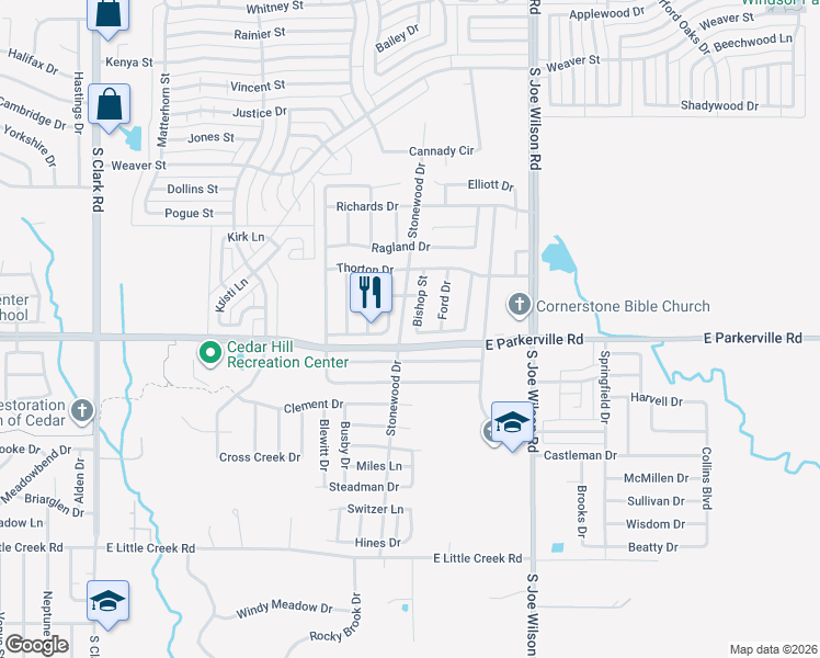 map of restaurants, bars, coffee shops, grocery stores, and more near 724 Bishop Street in Cedar Hill