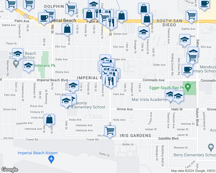 map of restaurants, bars, coffee shops, grocery stores, and more near 1144 13th Street in Imperial Beach