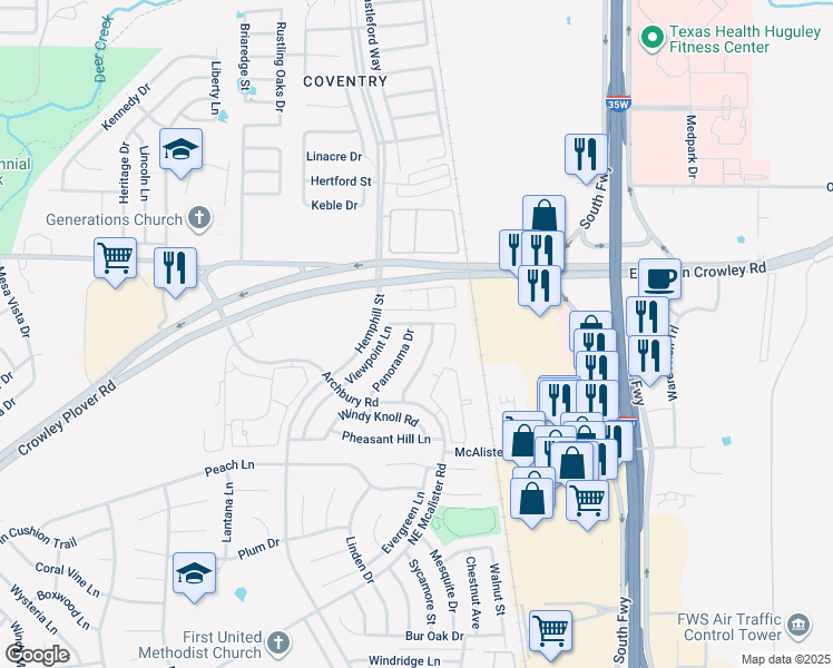 map of restaurants, bars, coffee shops, grocery stores, and more near 12505 Panorama Drive in Burleson