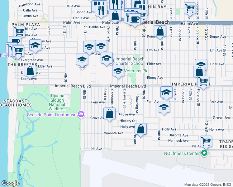map of restaurants, bars, coffee shops, grocery stores, and more near 1138 7th Street in Imperial Beach