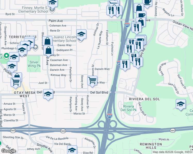 map of restaurants, bars, coffee shops, grocery stores, and more near 1168 Nevin Street in San Diego