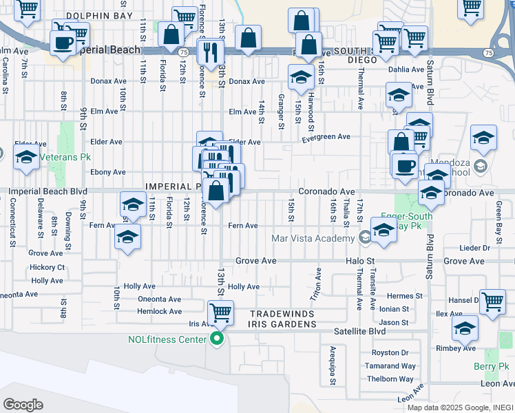 map of restaurants, bars, coffee shops, grocery stores, and more near 1162 14th Street in Imperial Beach