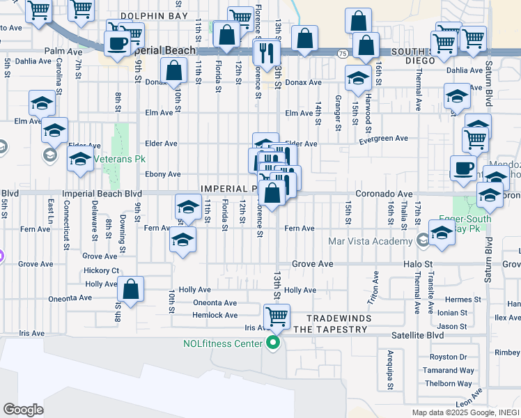 map of restaurants, bars, coffee shops, grocery stores, and more near 1297 Imperial Beach Boulevard in Imperial Beach