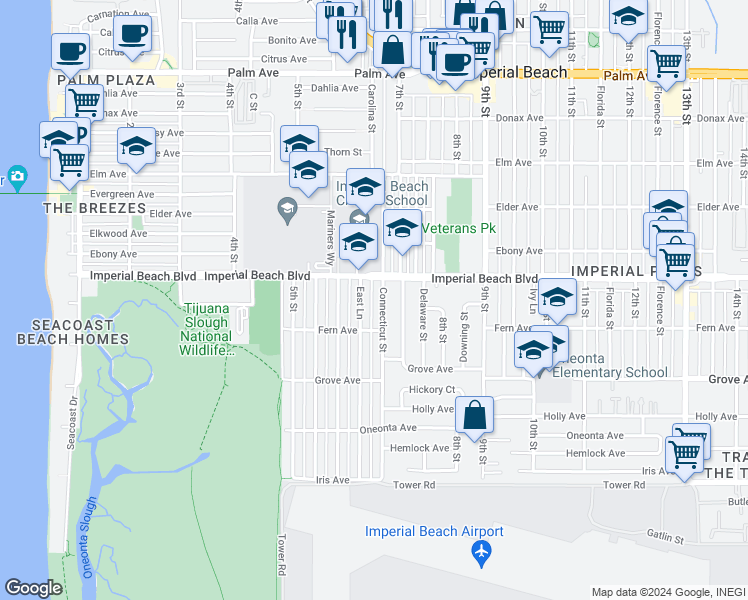 map of restaurants, bars, coffee shops, grocery stores, and more near 1131 Connecticut Street in Imperial Beach
