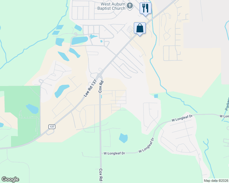 map of restaurants, bars, coffee shops, grocery stores, and more near 1754-1868 Cox Road in Auburn