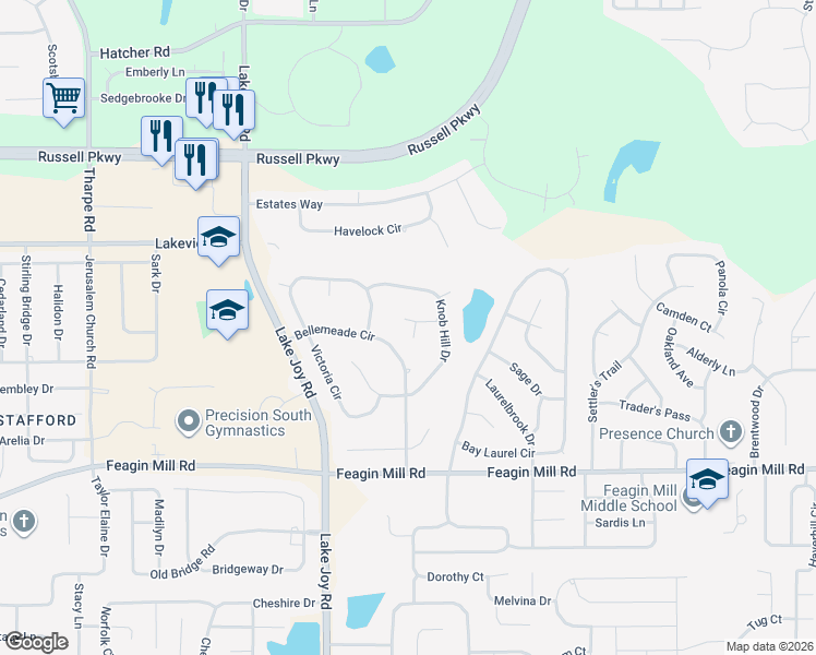 map of restaurants, bars, coffee shops, grocery stores, and more near 101 Oak Bay Court in Warner Robins