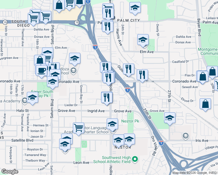 map of restaurants, bars, coffee shops, grocery stores, and more near 1144 Hollister Street in San Diego