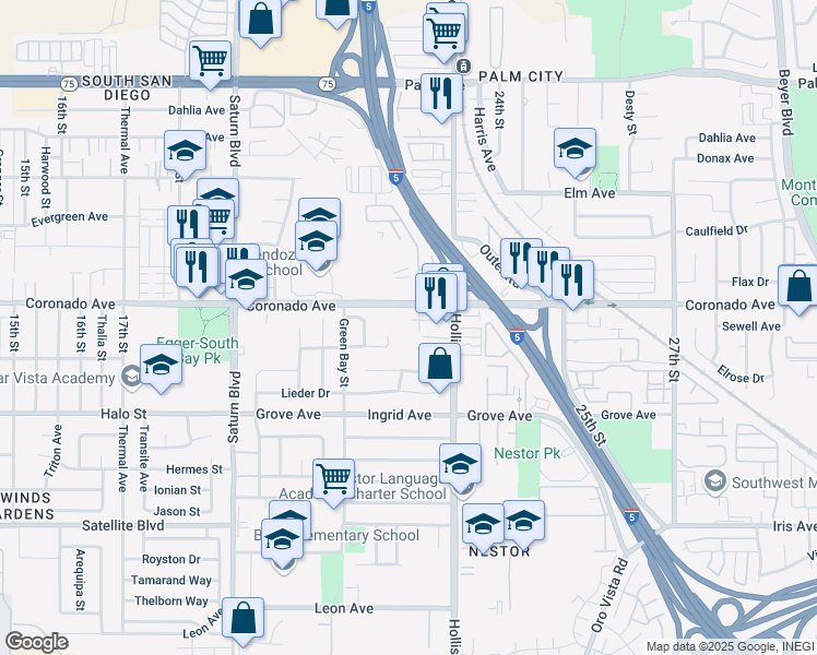 map of restaurants, bars, coffee shops, grocery stores, and more near 1130 22nd Street in San Diego