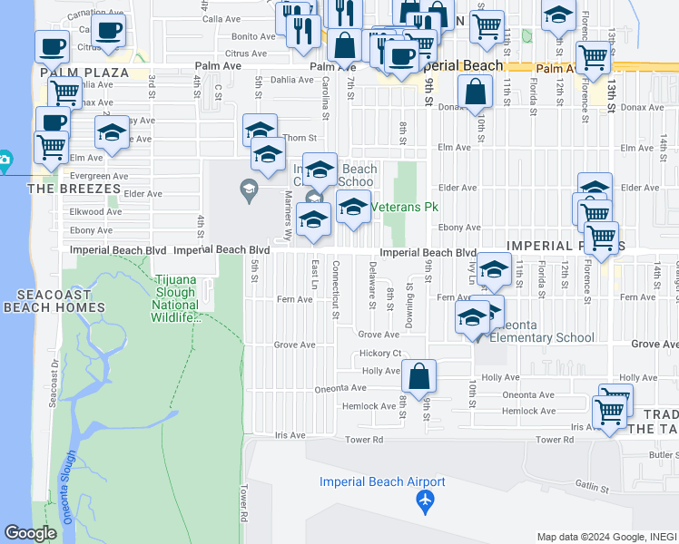 map of restaurants, bars, coffee shops, grocery stores, and more near 1125 Connecticut Street in Imperial Beach