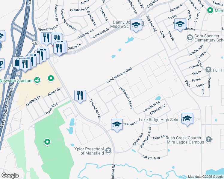 map of restaurants, bars, coffee shops, grocery stores, and more near 4405 Vista Glen Court in Mansfield
