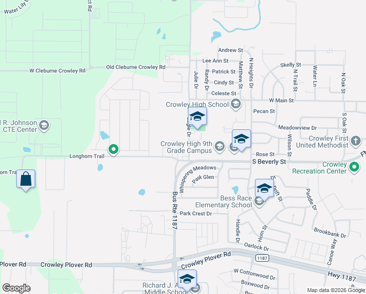map of restaurants, bars, coffee shops, grocery stores, and more near 1408 Longhorn Trail in Crowley