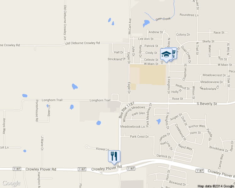 map of restaurants, bars, coffee shops, grocery stores, and more near 1499 Briar Circle in Crowley