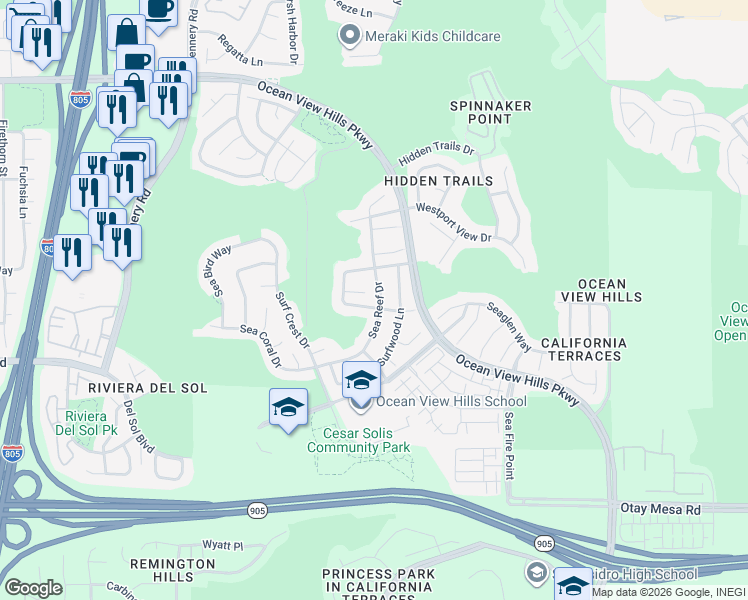 map of restaurants, bars, coffee shops, grocery stores, and more near 1182 Sea Reef Drive in San Diego