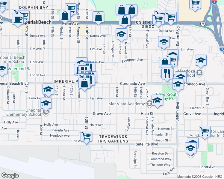 map of restaurants, bars, coffee shops, grocery stores, and more near 1149 Granger Street in Imperial Beach