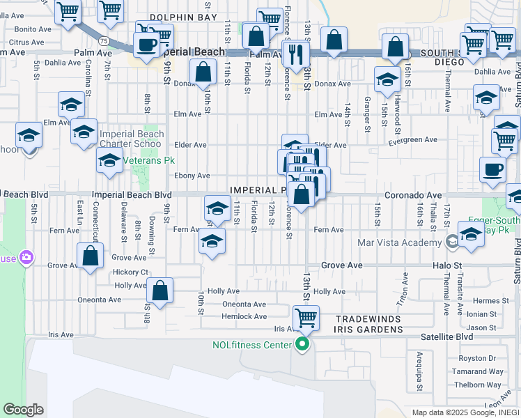 map of restaurants, bars, coffee shops, grocery stores, and more near 1151 12th Street in Imperial Beach
