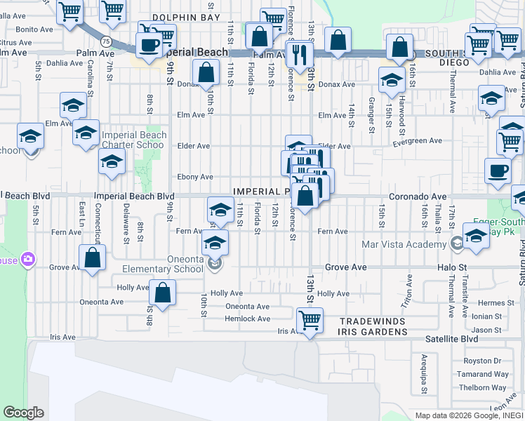 map of restaurants, bars, coffee shops, grocery stores, and more near 1151 12th Street in Imperial Beach