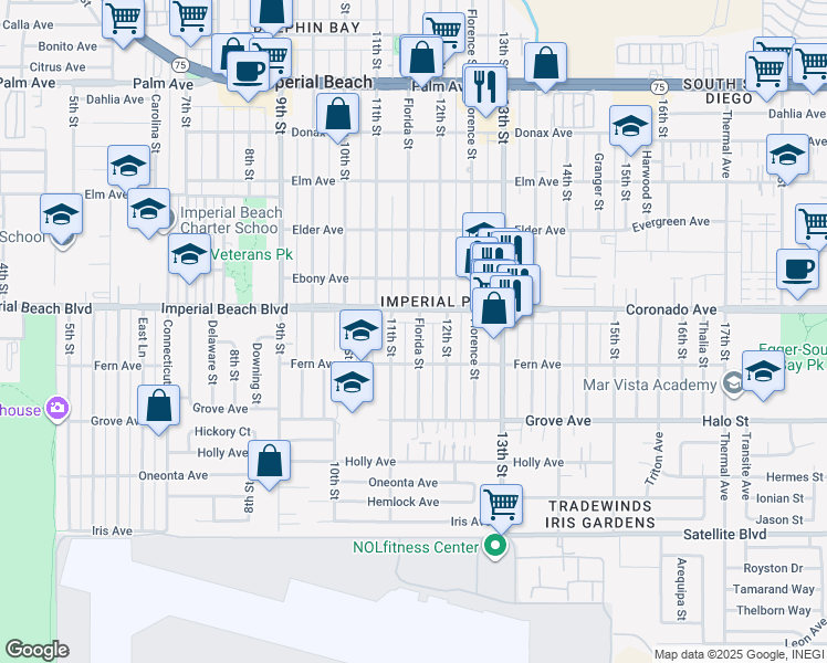 map of restaurants, bars, coffee shops, grocery stores, and more near 1166 Florida Street in Imperial Beach