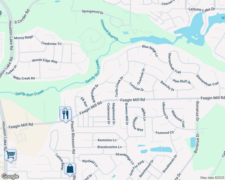 map of restaurants, bars, coffee shops, grocery stores, and more near 108 Yorkshire Way in Warner Robins