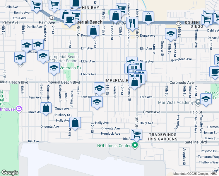 map of restaurants, bars, coffee shops, grocery stores, and more near 1133 11th Street in Imperial Beach