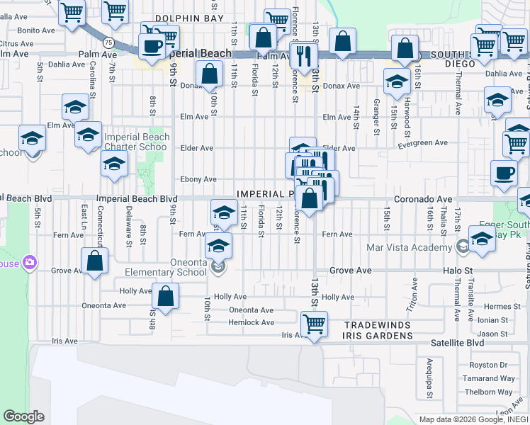 map of restaurants, bars, coffee shops, grocery stores, and more near 1151 12th Street in Imperial Beach