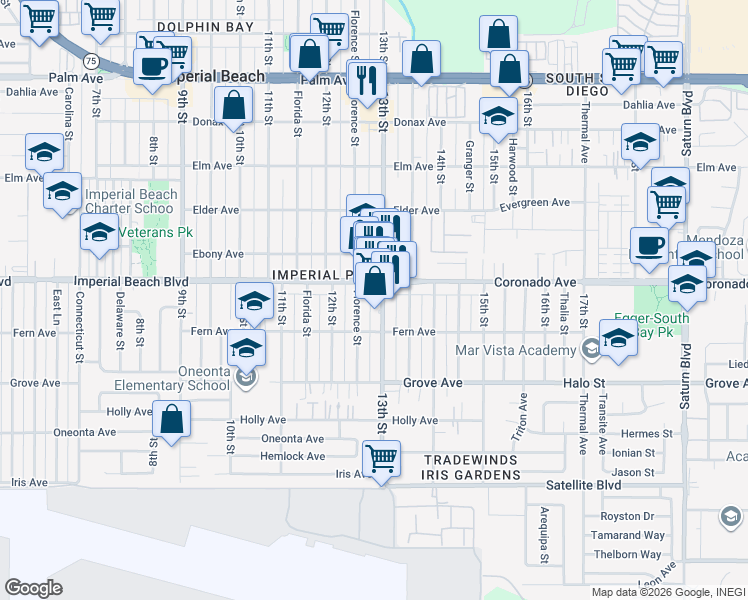 map of restaurants, bars, coffee shops, grocery stores, and more near 1126 13th Street in Imperial Beach