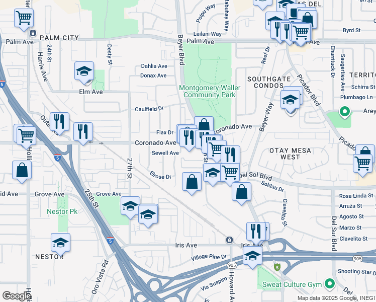 map of restaurants, bars, coffee shops, grocery stores, and more near 2939 Coronado Avenue in San Diego