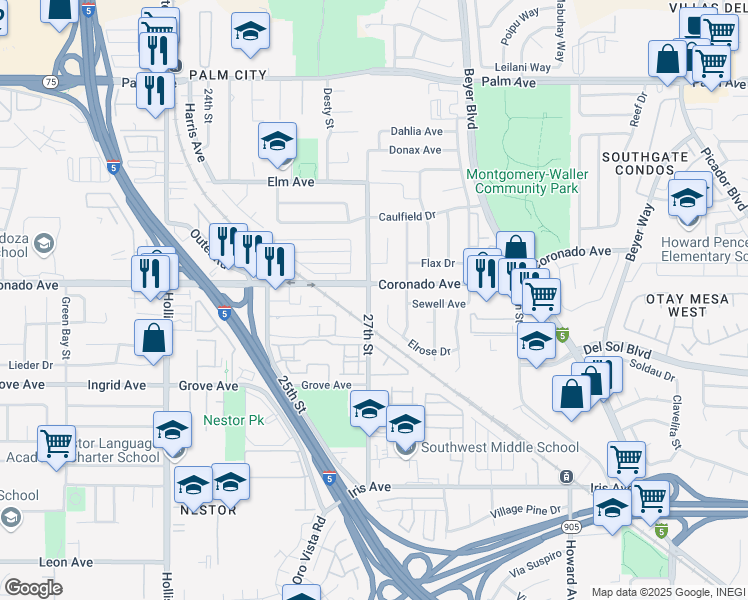 map of restaurants, bars, coffee shops, grocery stores, and more near 1148 Elrose Court in San Diego