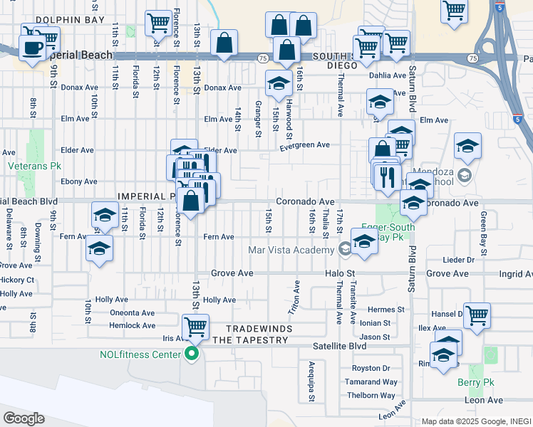 map of restaurants, bars, coffee shops, grocery stores, and more near 1149 Granger Street in Imperial Beach