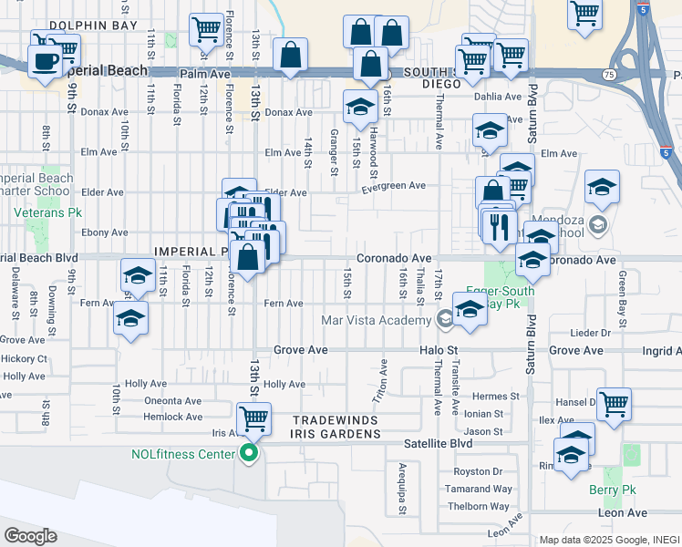 map of restaurants, bars, coffee shops, grocery stores, and more near 1149 Granger Street in Imperial Beach