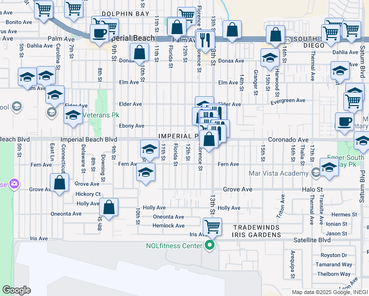 map of restaurants, bars, coffee shops, grocery stores, and more near 1151 12th Street in Imperial Beach
