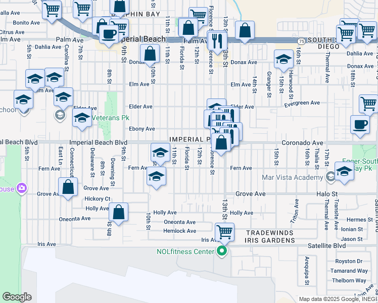 map of restaurants, bars, coffee shops, grocery stores, and more near 1166 Florida Street in Imperial Beach