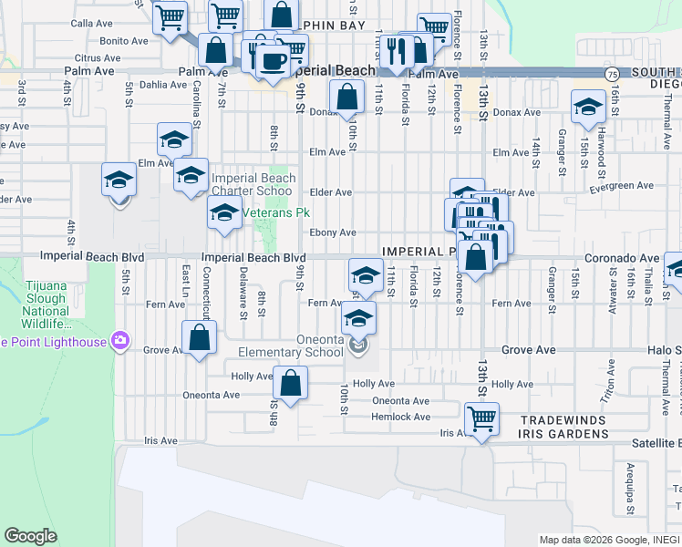 map of restaurants, bars, coffee shops, grocery stores, and more near 1164 Ivy Lane in Imperial Beach