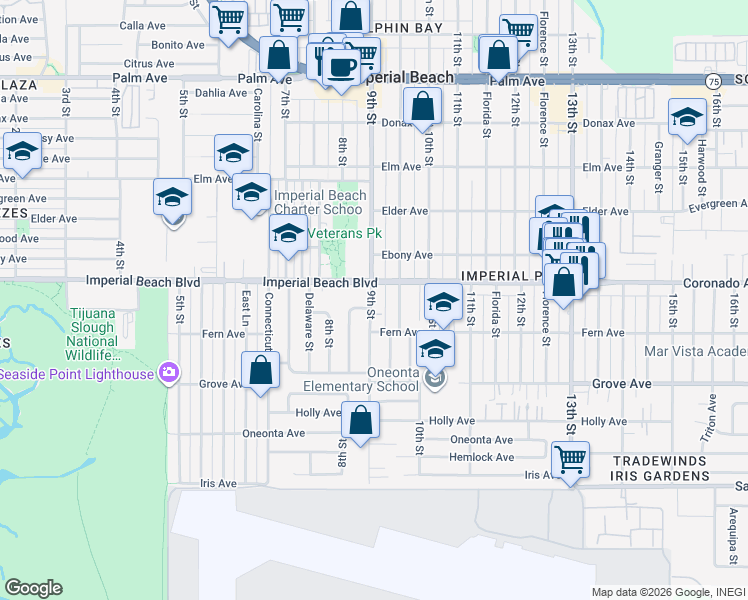 map of restaurants, bars, coffee shops, grocery stores, and more near 1153 9th Street in Imperial Beach