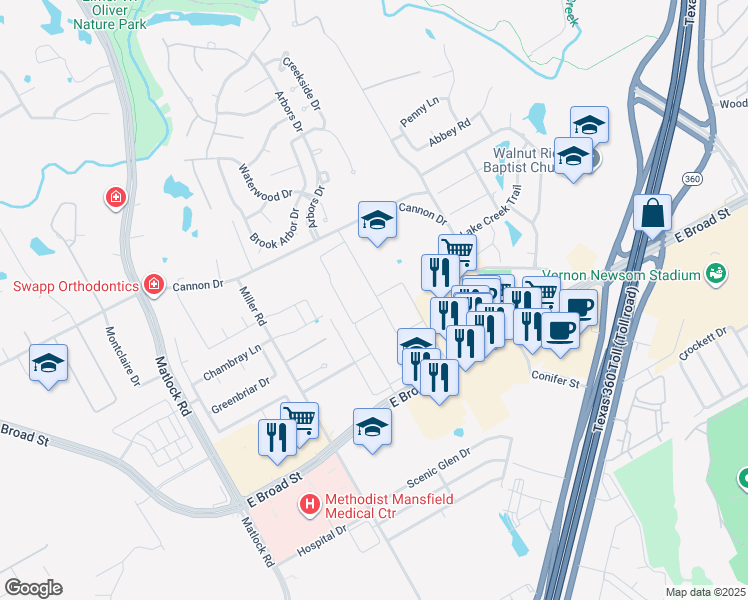 map of restaurants, bars, coffee shops, grocery stores, and more near 3001 East Broad Street in Mansfield