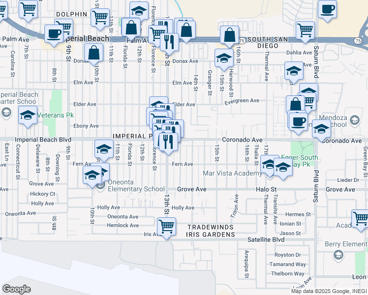map of restaurants, bars, coffee shops, grocery stores, and more near 1163 Georgia Street in Imperial Beach