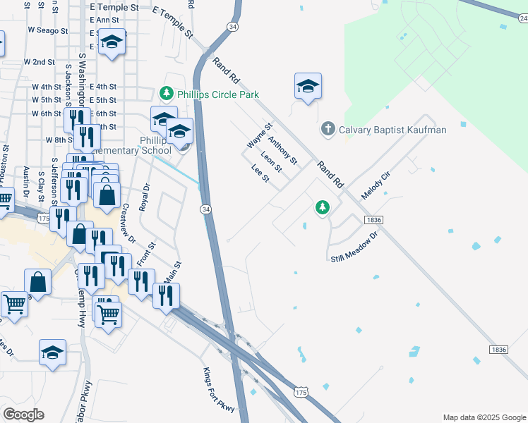 map of restaurants, bars, coffee shops, grocery stores, and more near 2001 Elizabeth Street in Kaufman