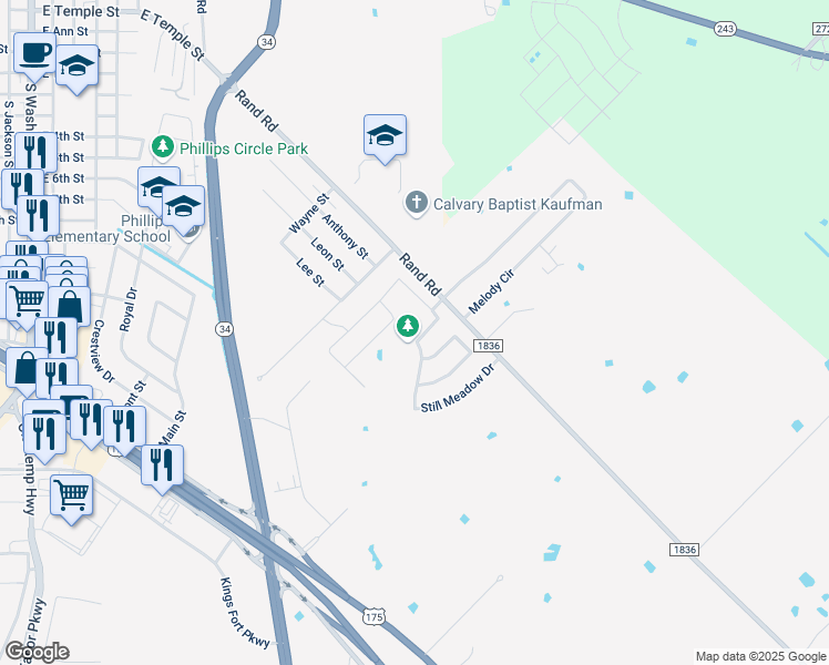 map of restaurants, bars, coffee shops, grocery stores, and more near 1505 Ridgebriar Drive in Kaufman