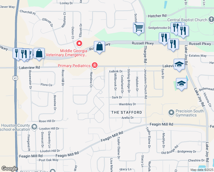 map of restaurants, bars, coffee shops, grocery stores, and more near 448 Falkirk Drive in Warner Robins